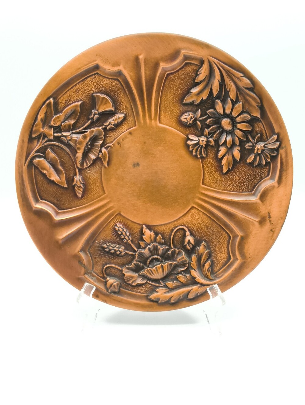 Vintage Signed Albert Gilles Copper Relief Floral Wall Hanging Plate 10”